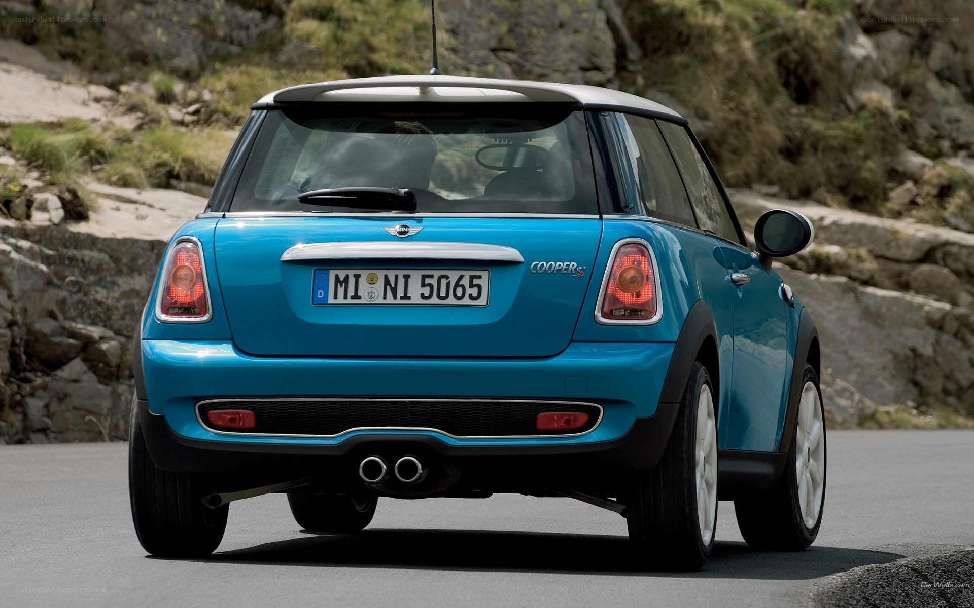 blue mini cooper s rear view