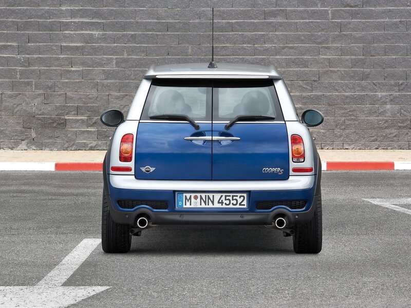 blue mini cooper s rear view