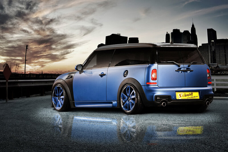 Blue Mini Cooper Station Wagon — Dramatic, Sunset