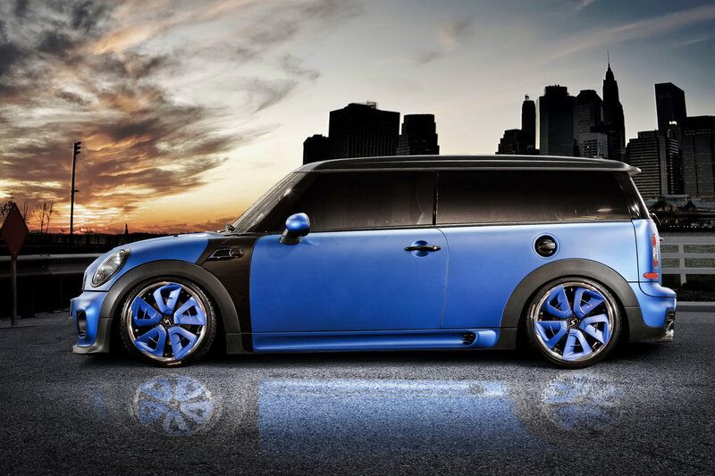 Blue Mini Cooper Station Wagon — Dramatic