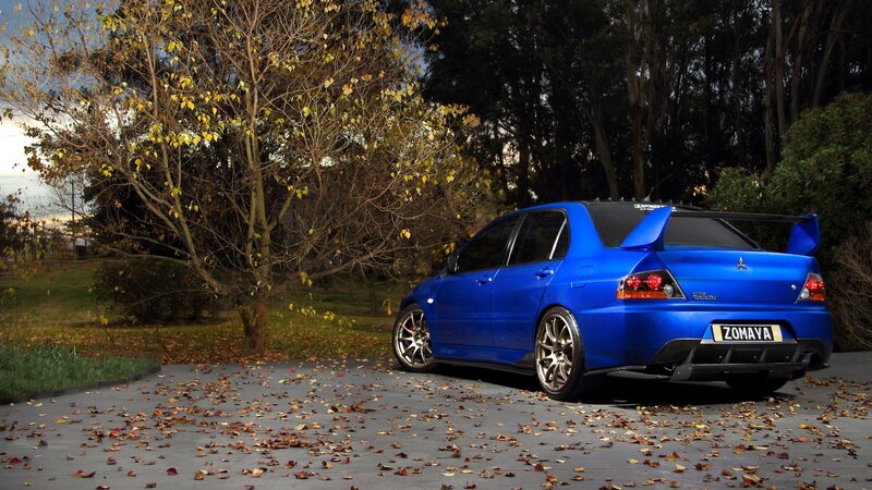Blue Mitsubishi Lancer — Dramatic, Autumn