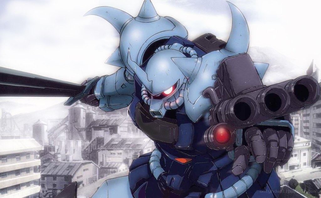 Blue mobile suit in combat