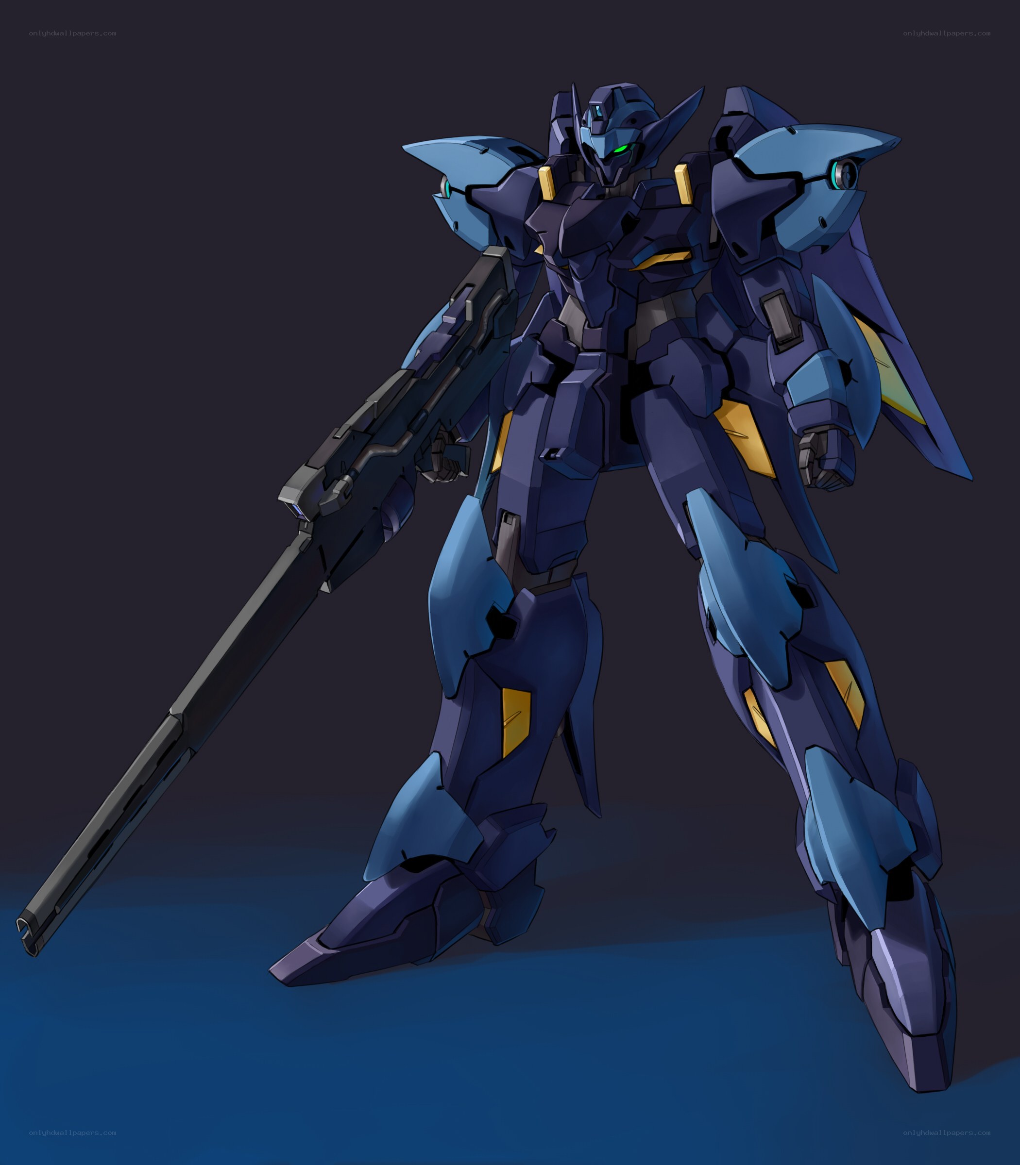 blue mobile suit with rifle