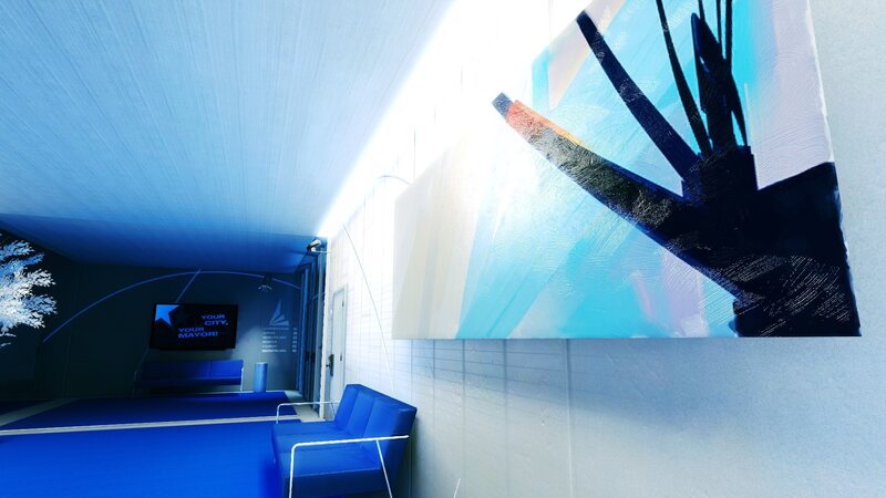 Blue modern interior with artwork