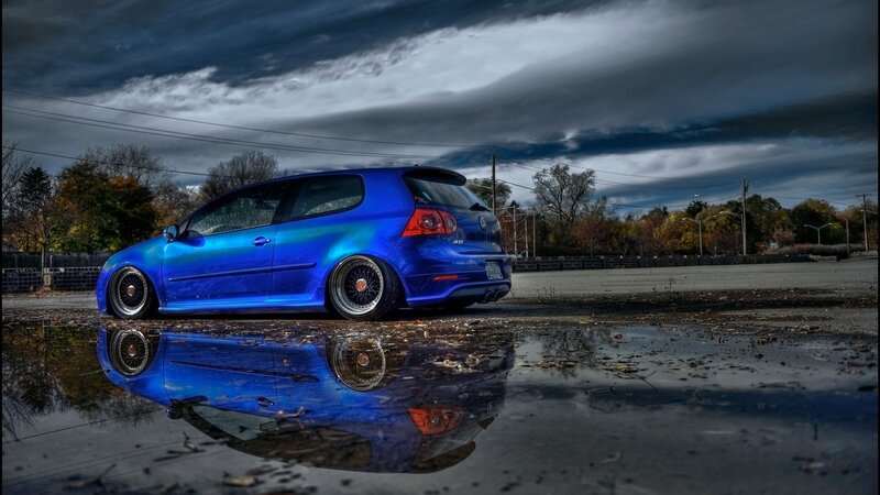 Blue Modified Car — Dramatic, Autumn, Photograph, Puddle