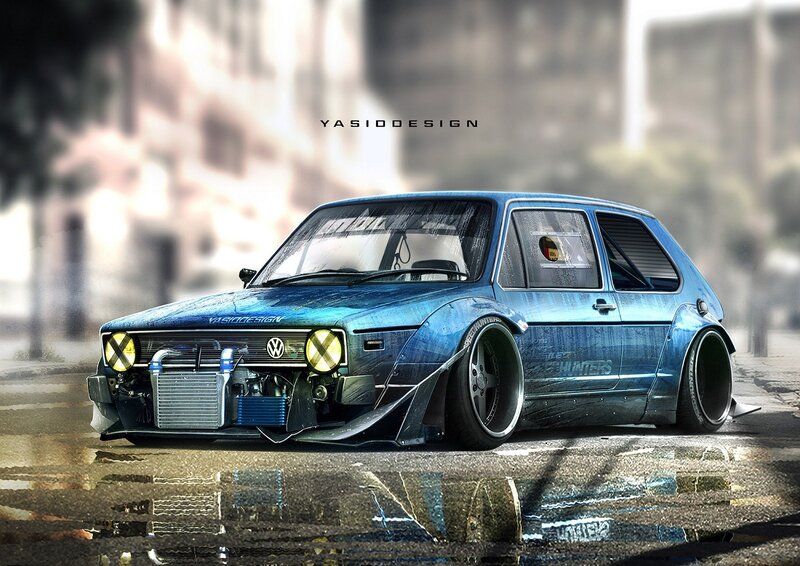 Blue Modified Car — Dramatic, Digital Art, Puddle