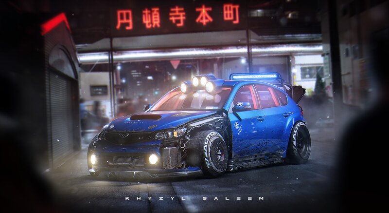 Blue Modified Car — Dramatic, Night, Digital Art, Lights