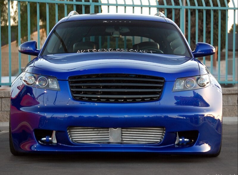 blue modified car front view