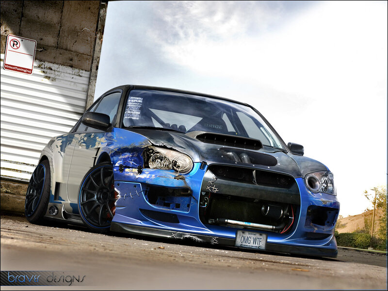 blue modified car with damage