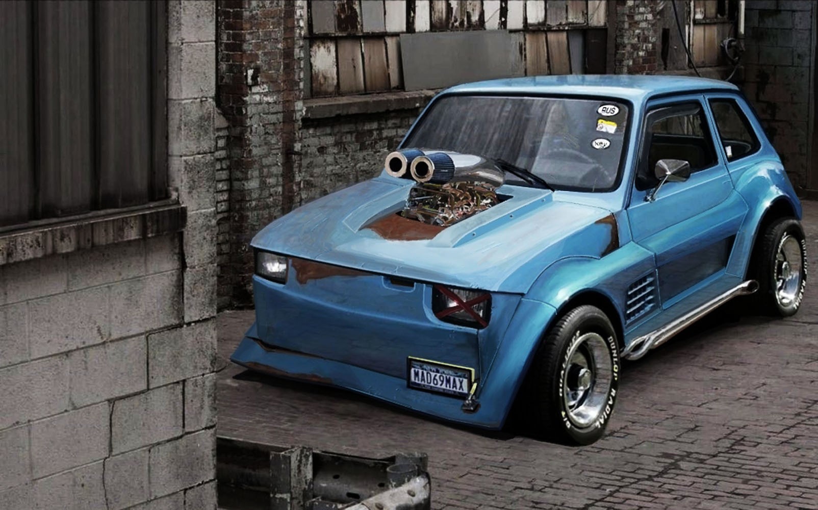 blue modified car with supercharger