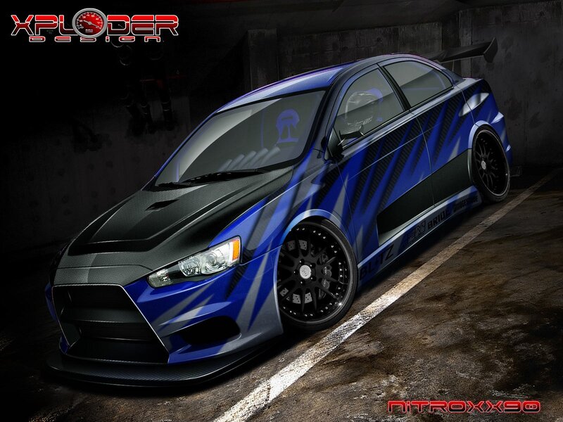 Blue Modified Sedan — Dramatic, Night, Digital Art, Tire