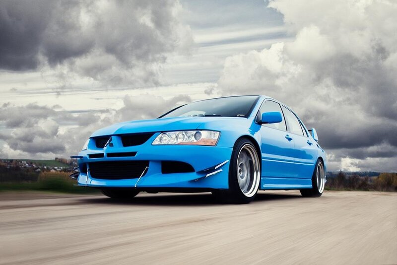 Blue Modified Sedan — Dramatic, Photograph, Car, Road