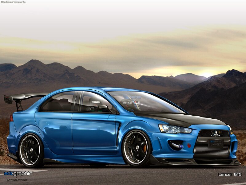 Blue Modified Sedan — Dramatic, Sunset, Digital Art