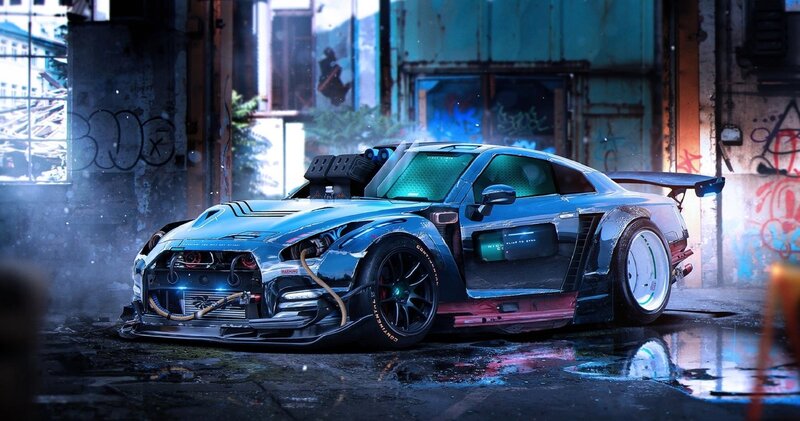 Blue Modified Sports Car — Dramatic, Night, Digital Art