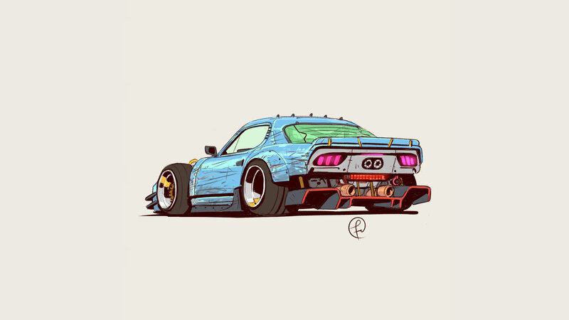 Blue Modified Sports Car — Dynamic, Digital Art, Wheels