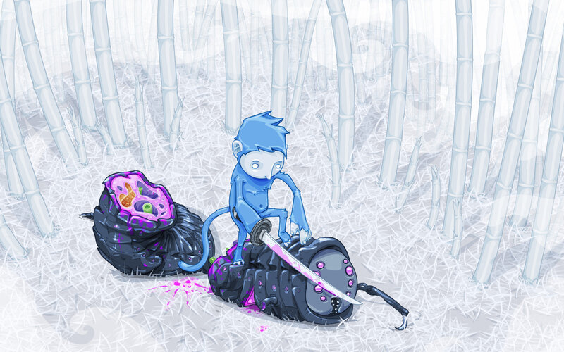 blue monkey with sword