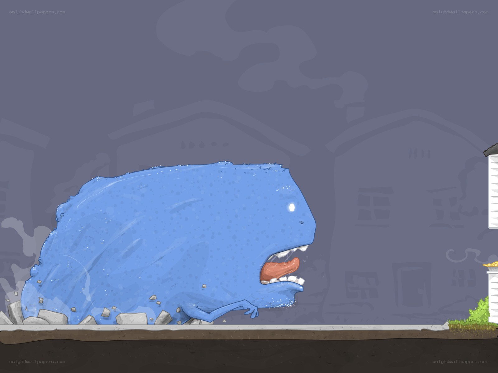 Blue monster destroying town
