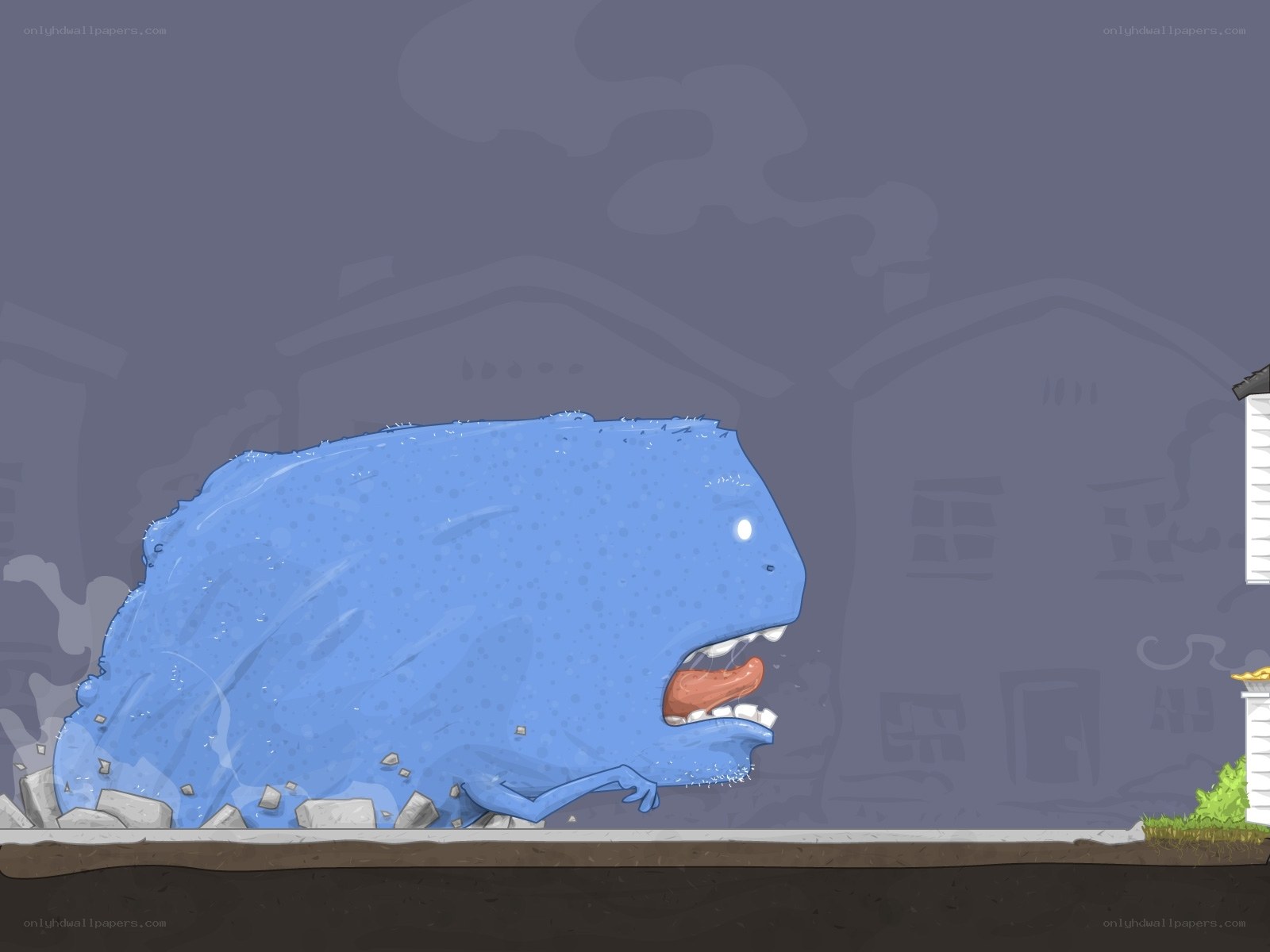 Blue monster destroying town