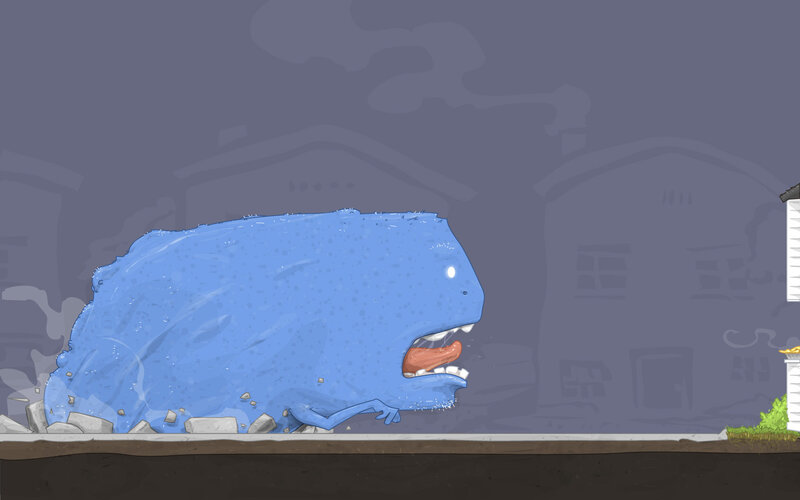 blue monster emerging from ground