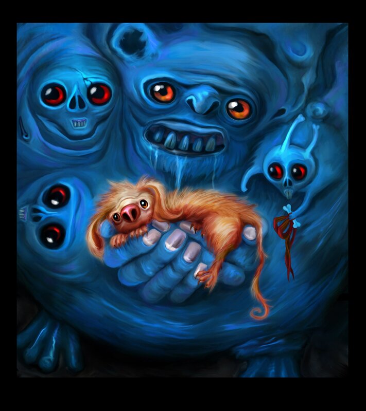 Blue monster holding a sloth