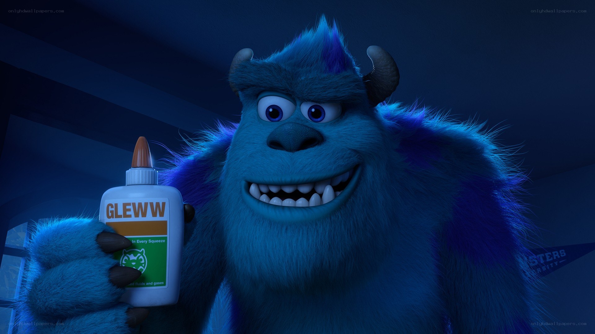 Blue monster holding glue bottle