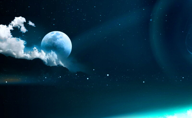 Blue Moon in Night Sky — Serene, Digital Art