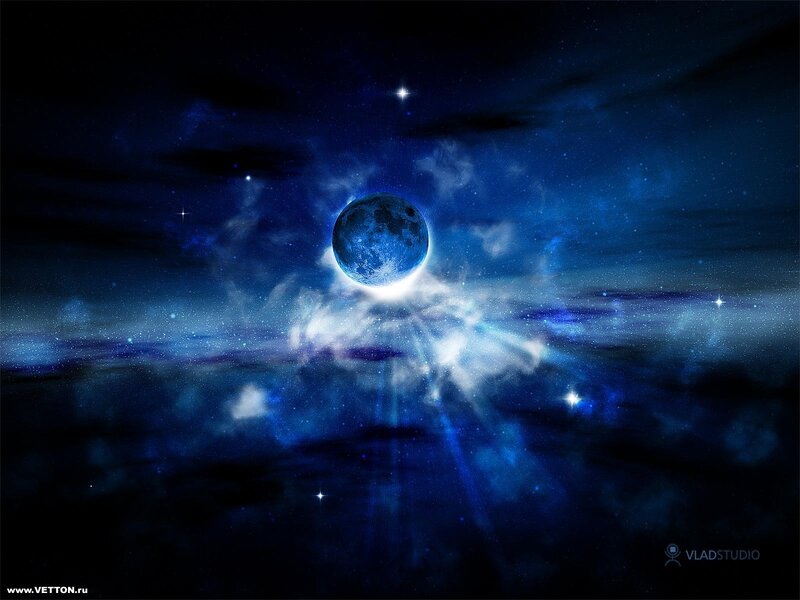 Blue Moon in Space — Dramatic, Night, Digital Art, Stars, Nebula