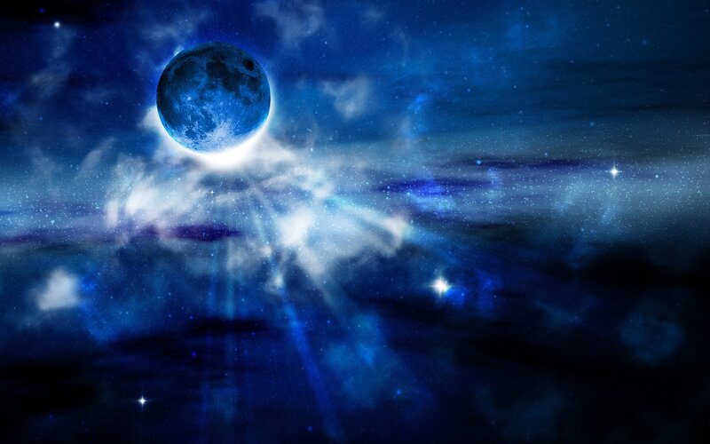 Blue moon in starry sky