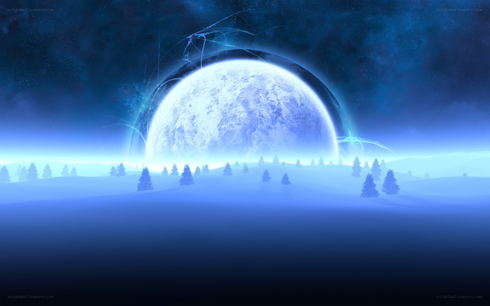 Blue moon over snowy landscape