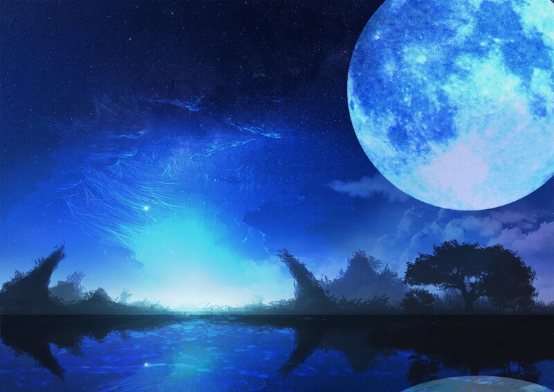Blue Moon over Water — Serene, Night, Digital Art, Trees