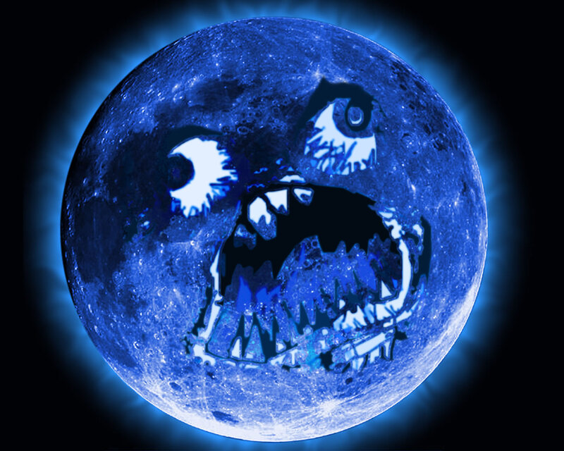 blue moon with monster face