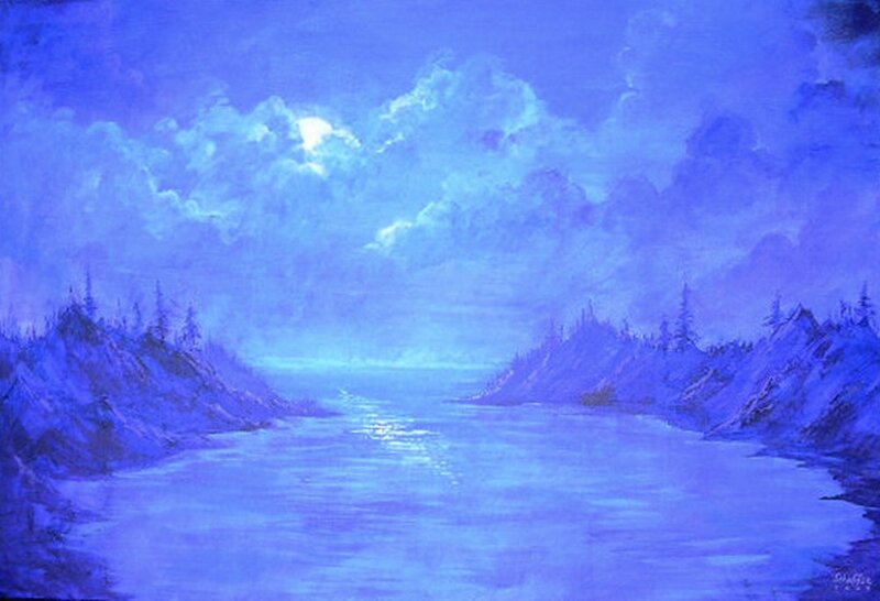 Blue Moonlit River Scene