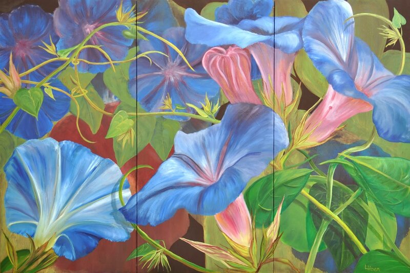 Blue Morning Glory Flowers — Vibrant, Painting