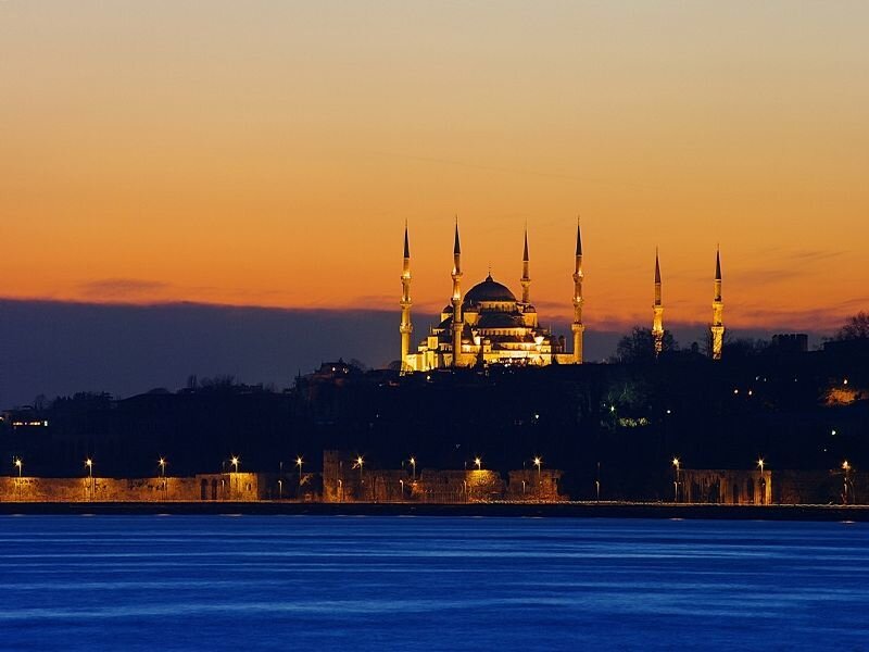 Blue Mosque at Dusk — Orange, Serene, Sunset, Photograph