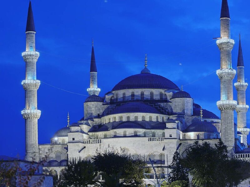 Blue Mosque at Dusk — Serene, Night, Photograph, Minarets, Domes