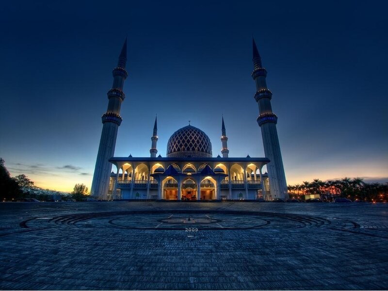 Blue Mosque at Dusk — Serene, Sunset, Photograph, Minarets, Dome, Pavement