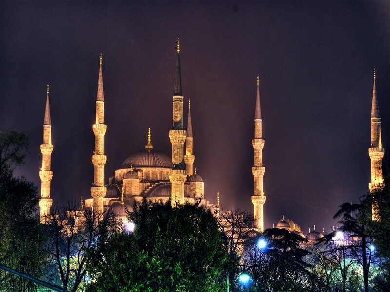 Blue Mosque at Night — Serene, Photograph, Minarets, Dome, Trees, Black, Yellow