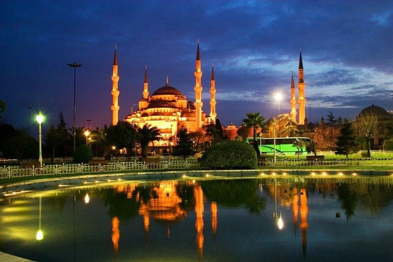 Blue Mosque at Night — Serene, Photograph, Minarets, Pond