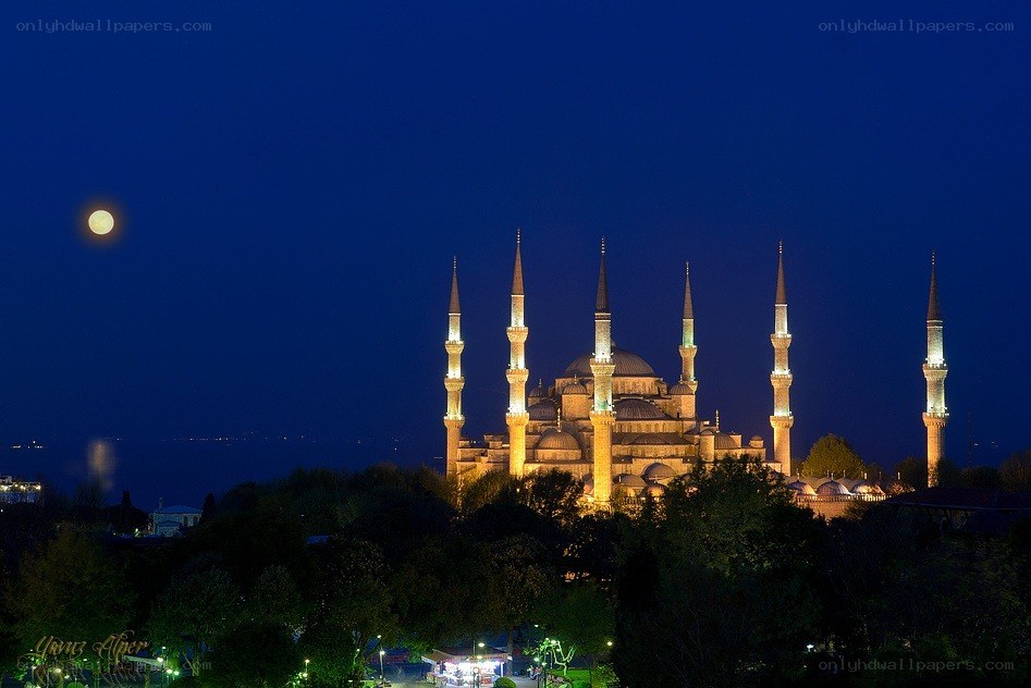 Blue Mosque at night with moon