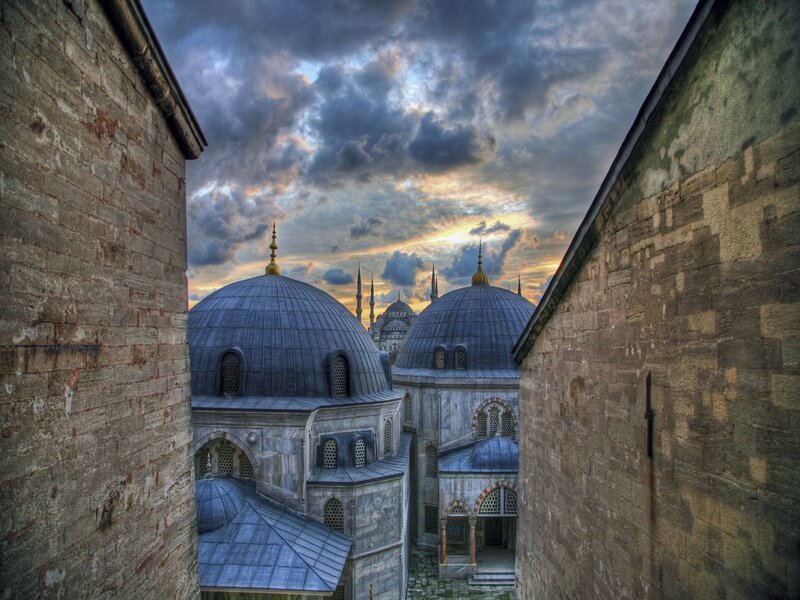 Blue Mosque Domes — Dramatic, Sunset