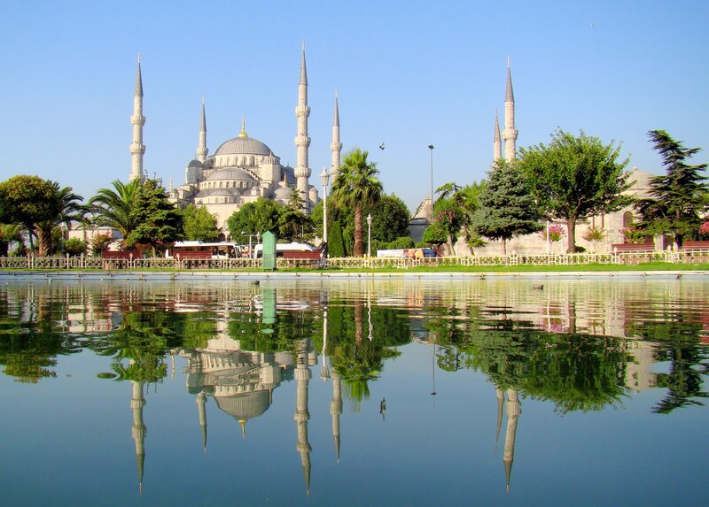 Blue Mosque in Istanbul — Serene, Afternoon, Photograph, Minarets, Dome, Trees, Reflection