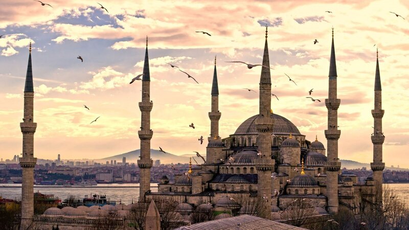 Blue Mosque in Istanbul — Serene, Sunset, Photograph, Minarets, Dome, Seagulls