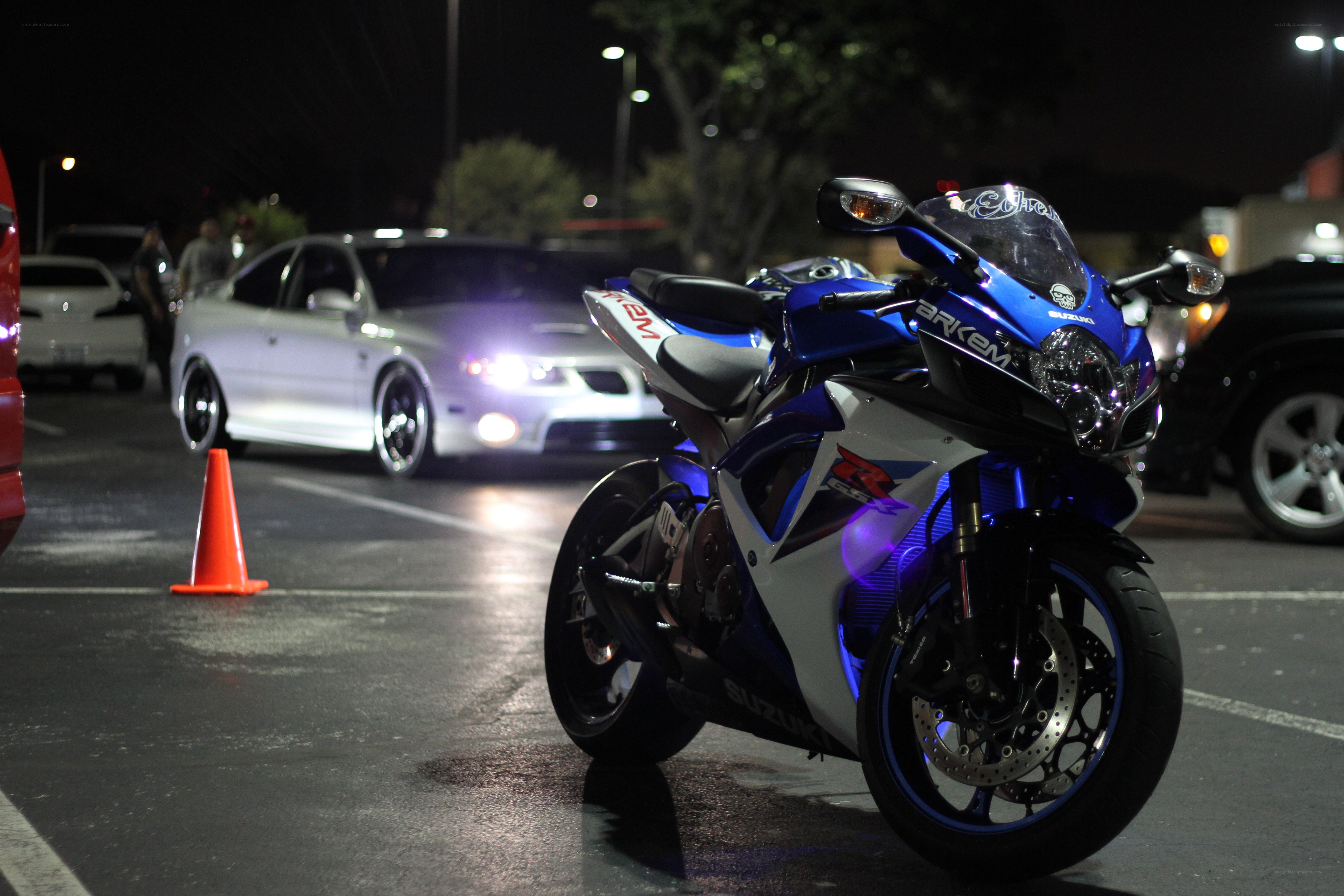 Blue motorcycle at night