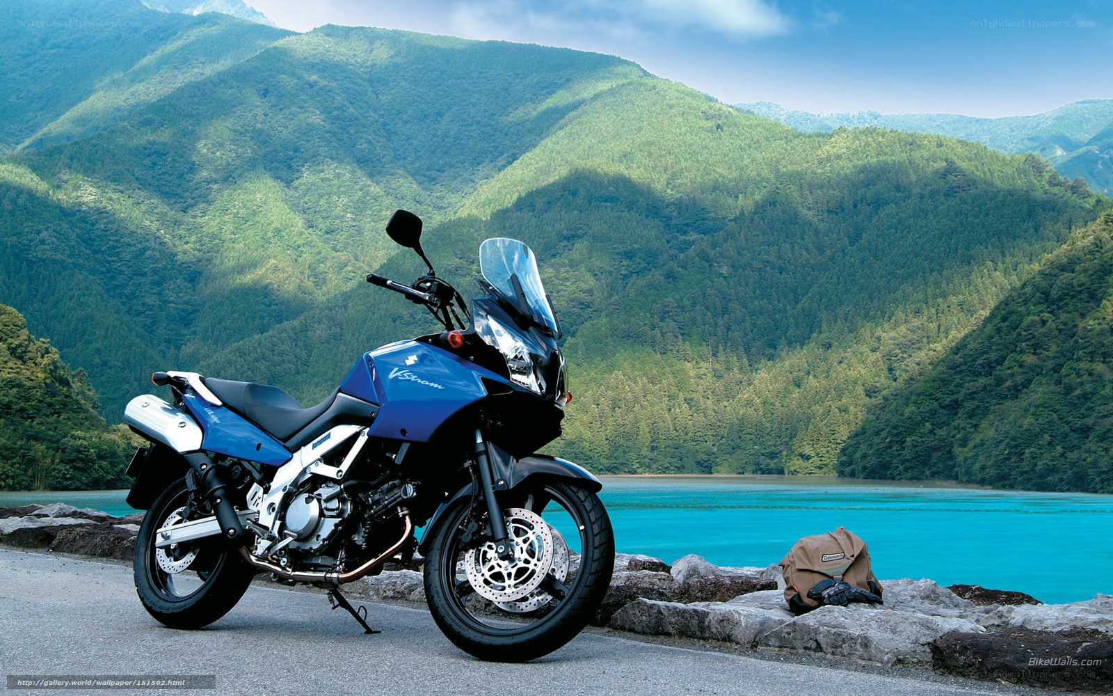 Blue motorcycle by a lake