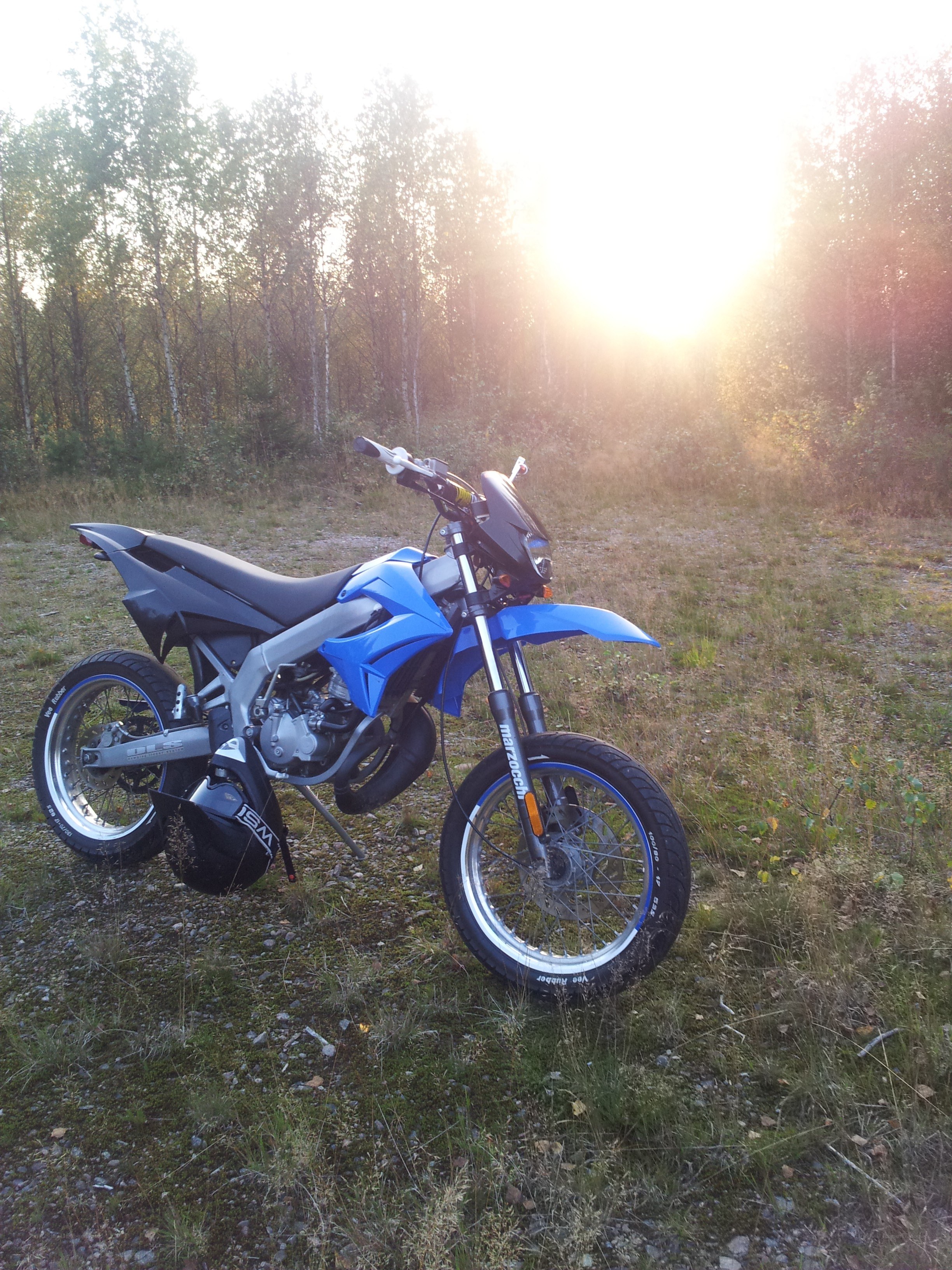 Blue motorcycle in a field