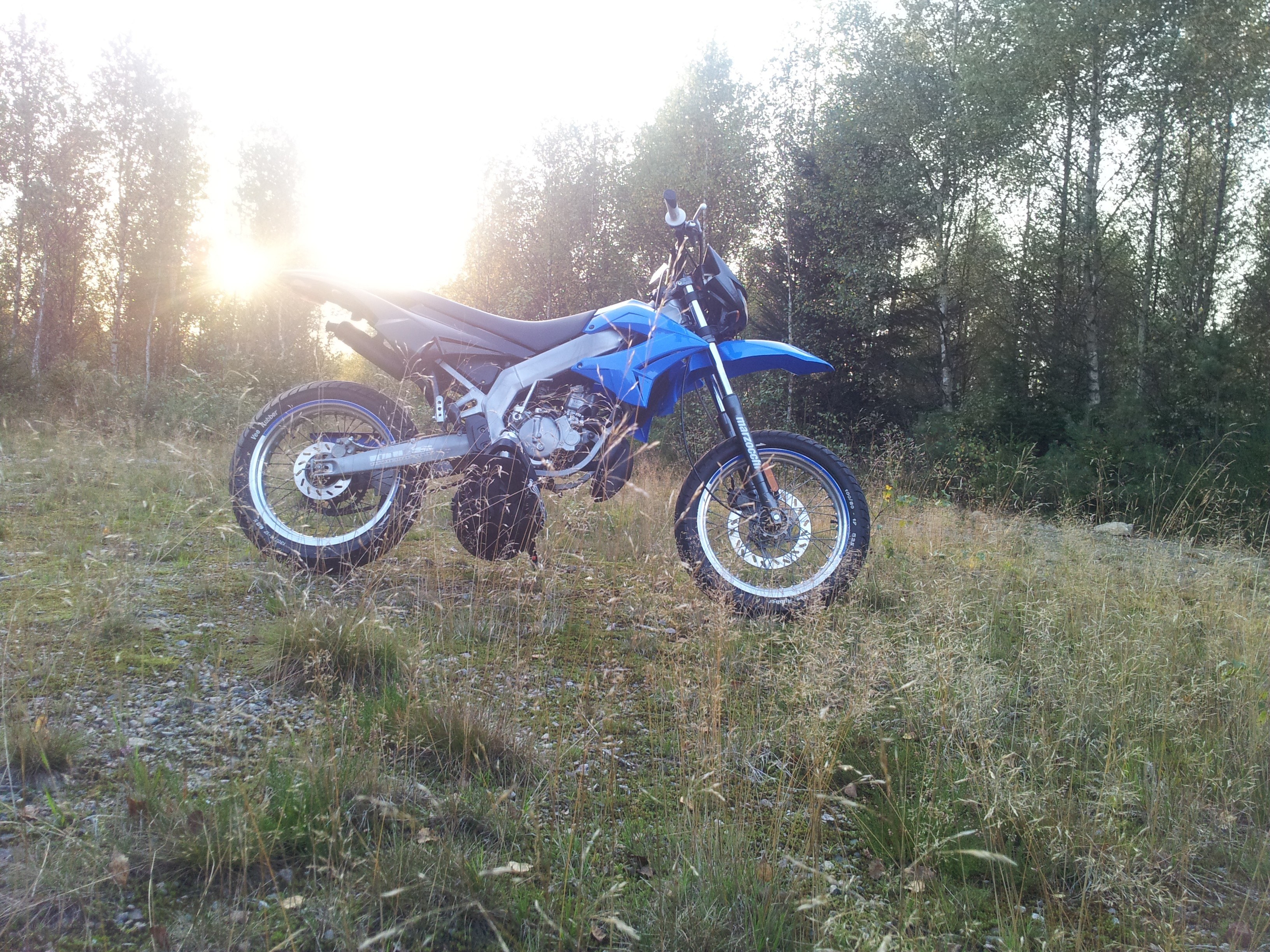 Blue motorcycle in a field