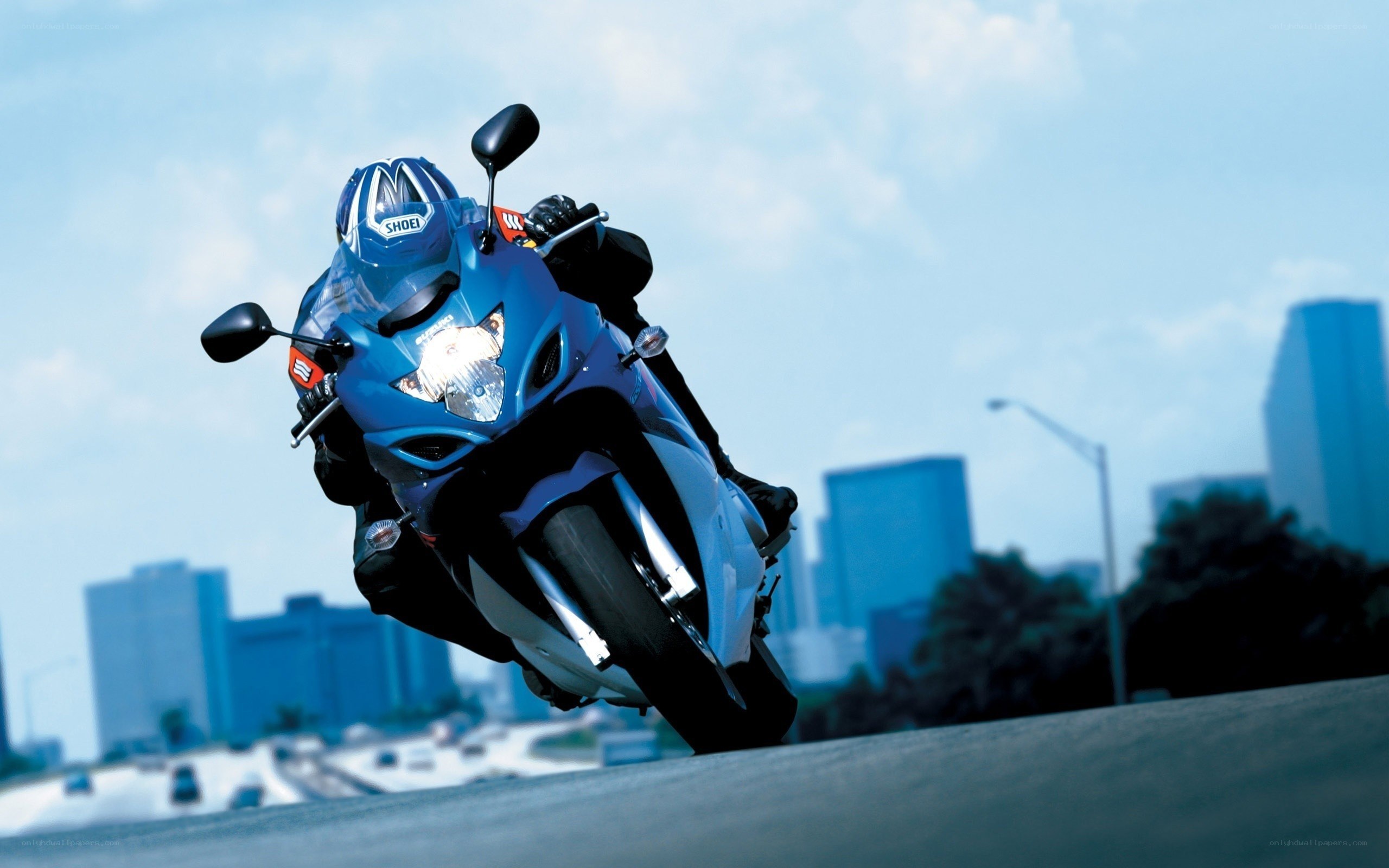 Blue motorcycle in city