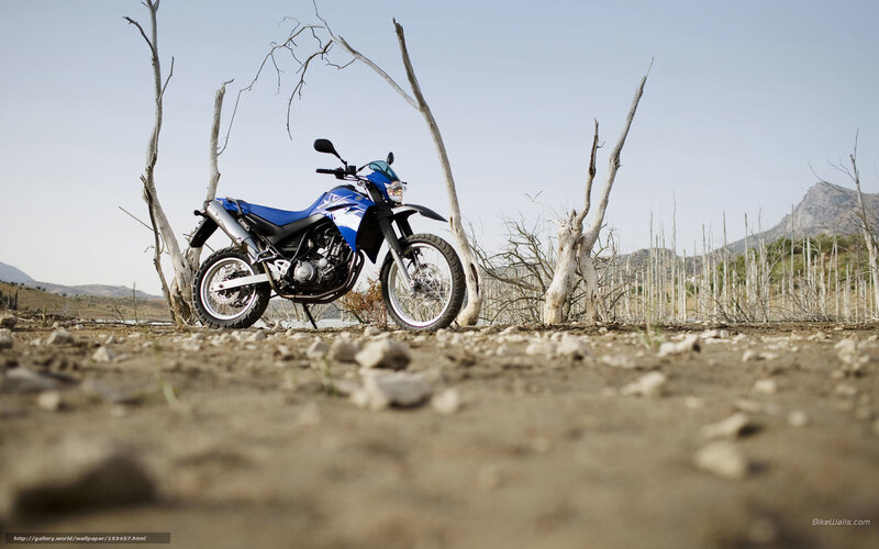 Blue motorcycle in desert landscape