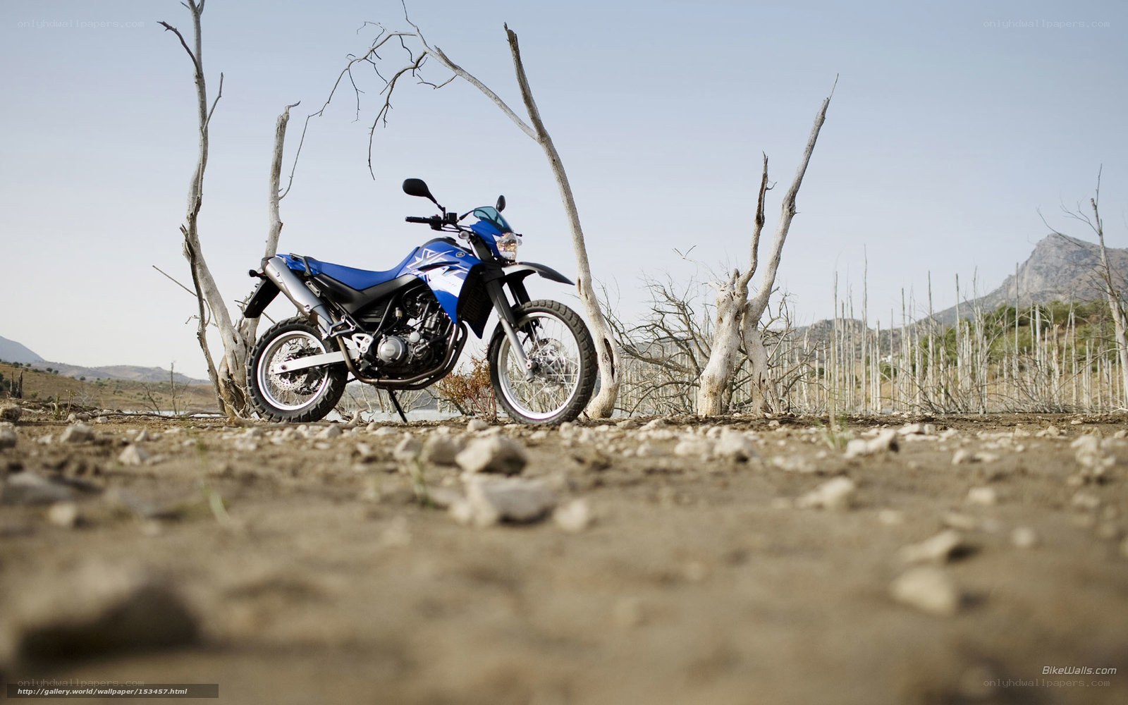 Blue motorcycle in desert landscape