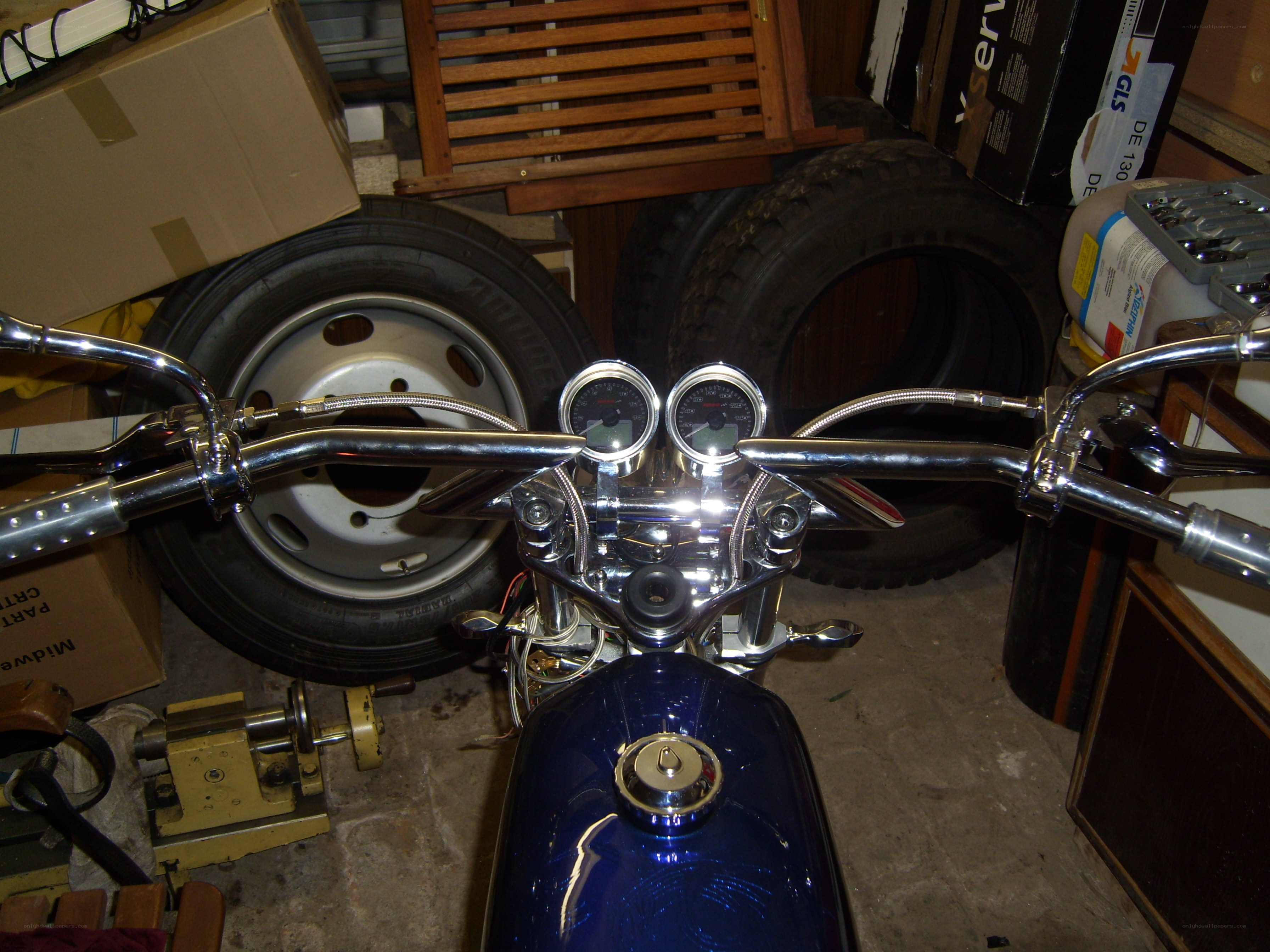 Blue motorcycle in garage